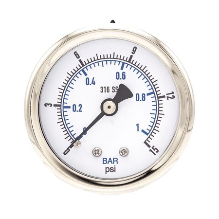 Pro 2 in Dial, 0/15 PSI & Bar, 1/4 in NPT, Back Mount Dry/Fillable Pressure Gauge PRO-302D-204B-01